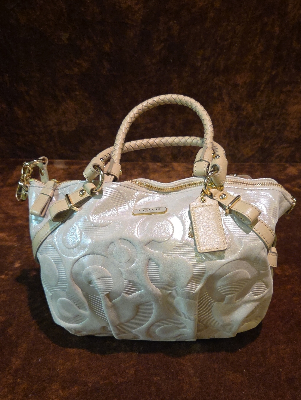 Coach Pearl White Signature-Embossed Satchel with Gold Hardware